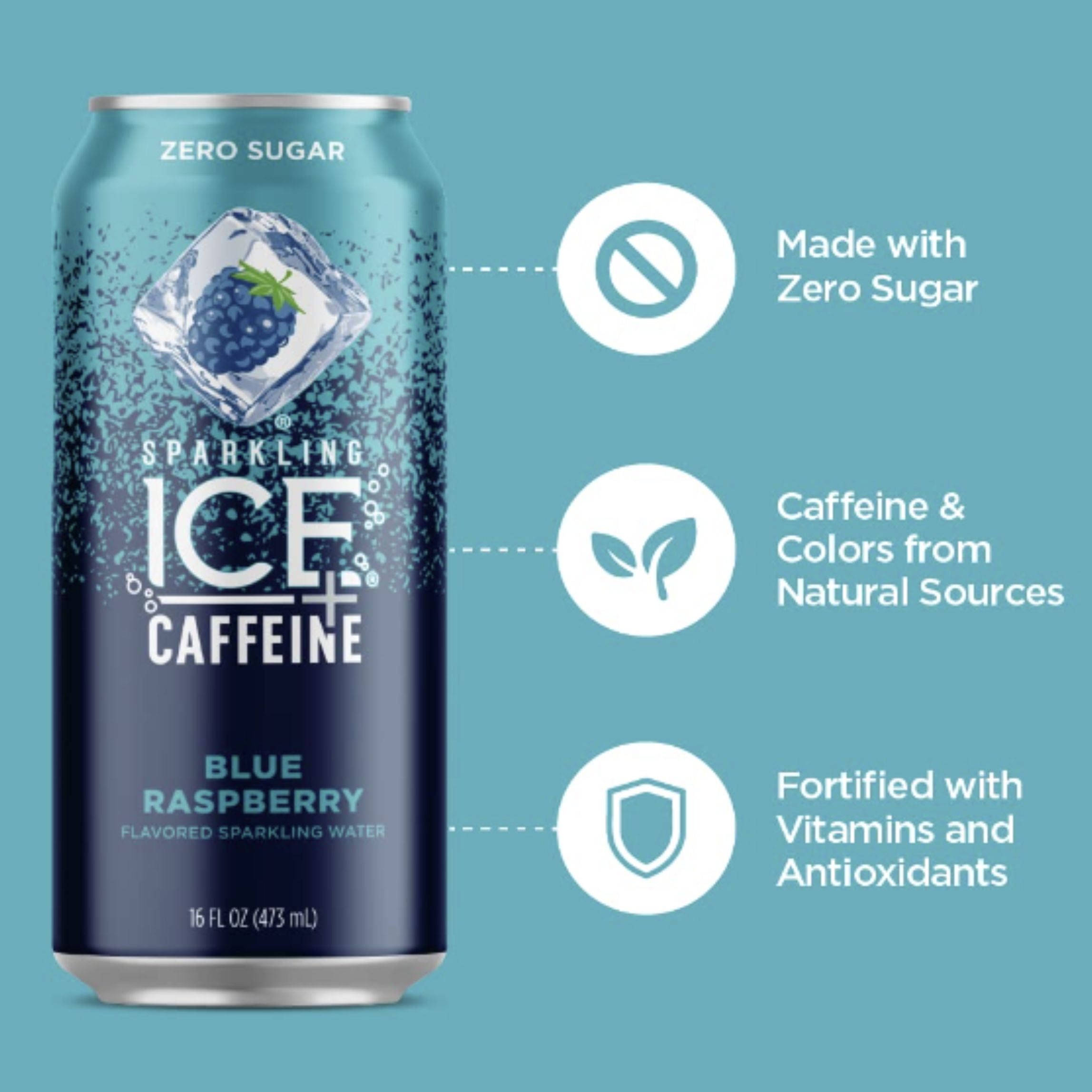 Sparkling Ice +Caffeine Blue Raspberry Sparkling Water, with Antioxidants and Vitamins, Zero Sugar, 16 Fl Oz (Pack of 8)