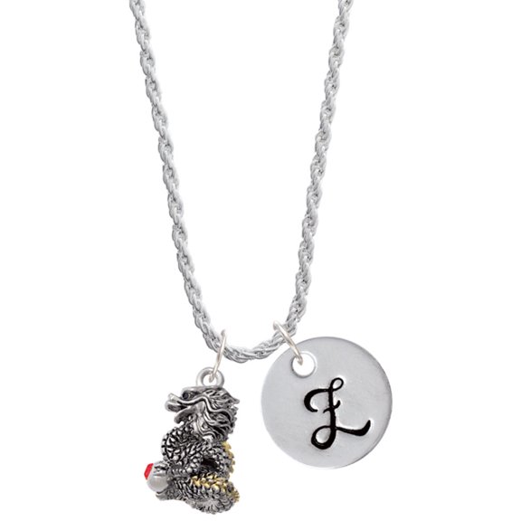 Delight Jewelry Two-tone Dragon with Red Crystals Silvertone Script Initial Disc - Z - Charm Necklace, 20"+3"