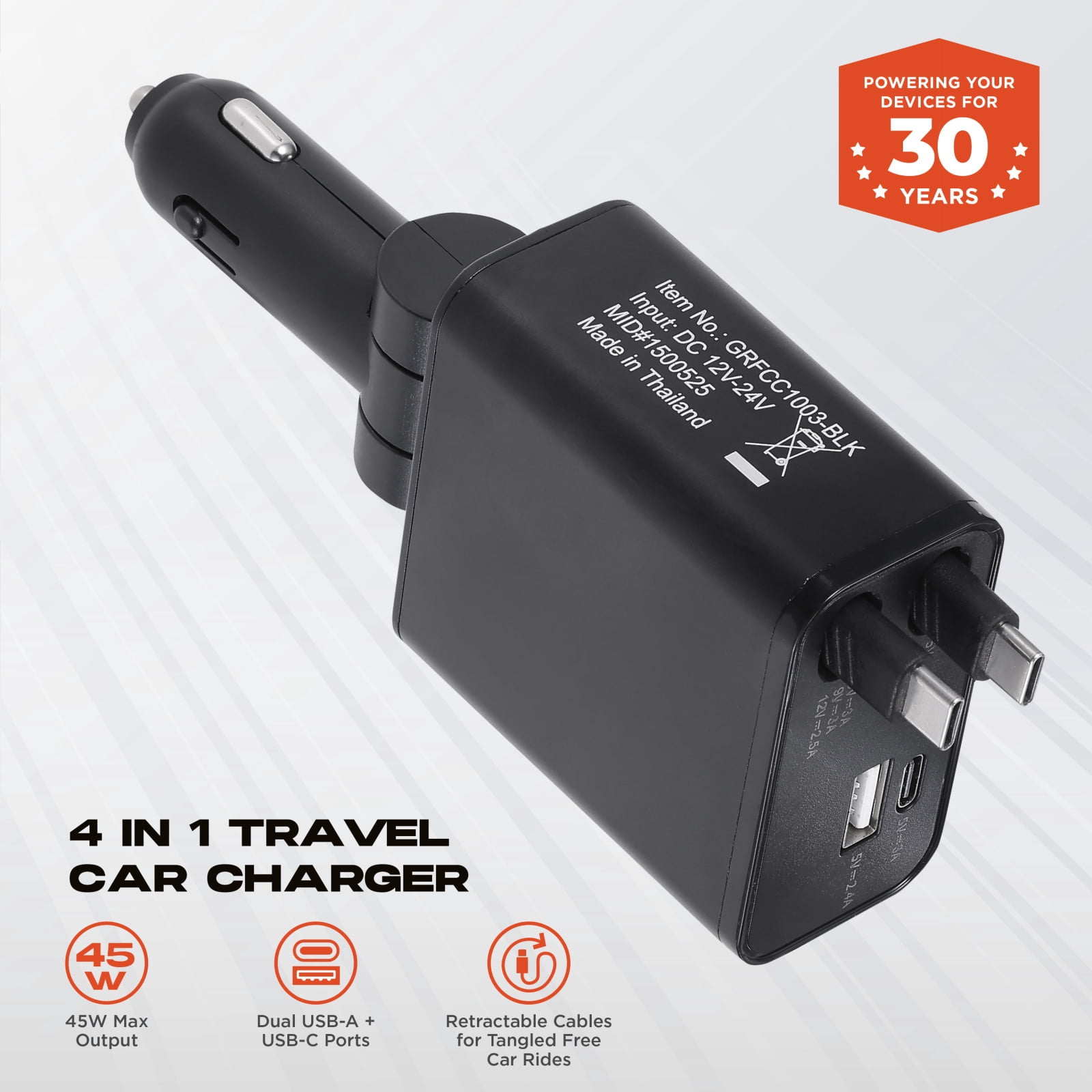 Griffin PowerJolt® 4-in-1 Travel Car Charger with Retractable USB-A & USB-C Cables, 45W Max Output, Fast Charging, Universal Compatibility, Quick Charge for iPhone, Android, and USB Devices