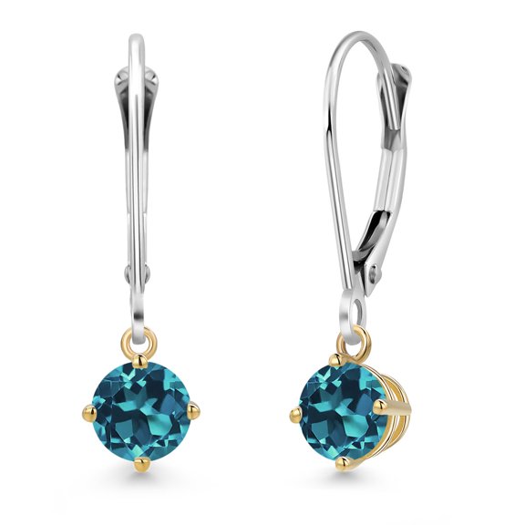 Gem Stone King 925 Silver and 10K Yellow Gold London Blue Topaz Dangle Earrings for Women | 1.40 Cttw | Gemstone November Birthstone | Round 5MM