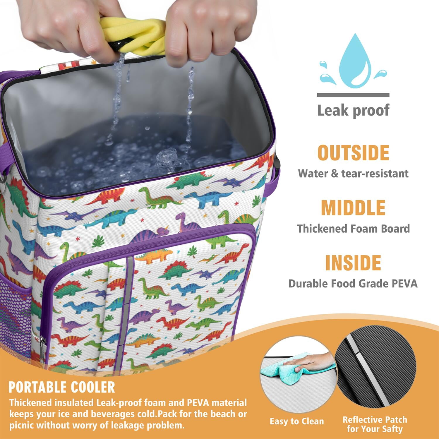 Travel Cooler Bag - White Cartoon Dinosaurs Stars Pattern Camping Beer Cooler Backpack with Bottle Opener- Waterproof Insulated Picnic Backpacks - Cooler Bag for Beach