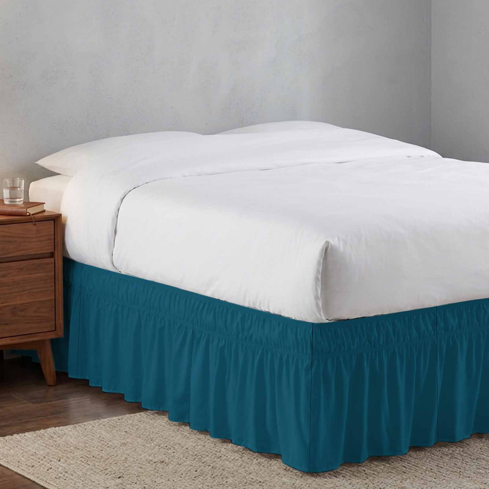 Bed Skirt Solid Dark Adjustable Elastic Wrap-Around Dust Ruffle with Teal 18 Inch Drop, Bed Frame Cover for Queen Size Bed