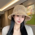 thumbnail image 3 of SikaFu Grass Woven Contrasting Striped Hollowed Out Fisherman Hat For Women Summer Wide Brimmed Sun Protection Hat For Outdoor Outings, Holiday Face Covering Sun Hat, 3 of 9