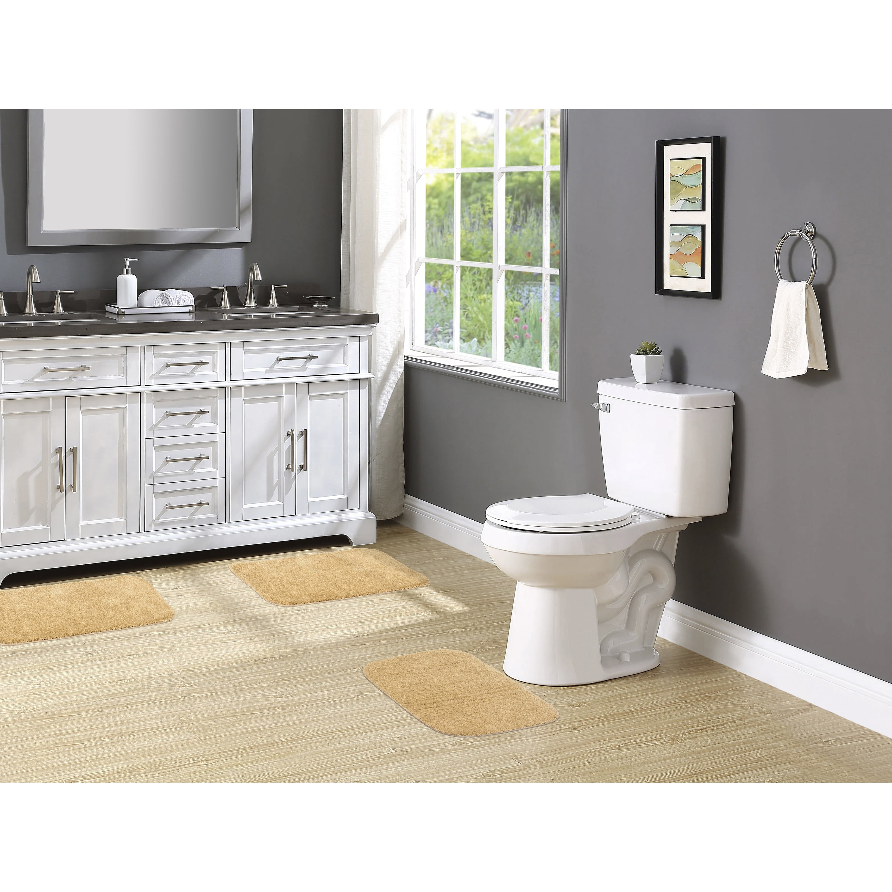 Garland Rug Traditional Washable Bath Rug Set, 3-Piece Set (17"x24" Bath Rug and Two 21"x34" Bath Rugs) Linen