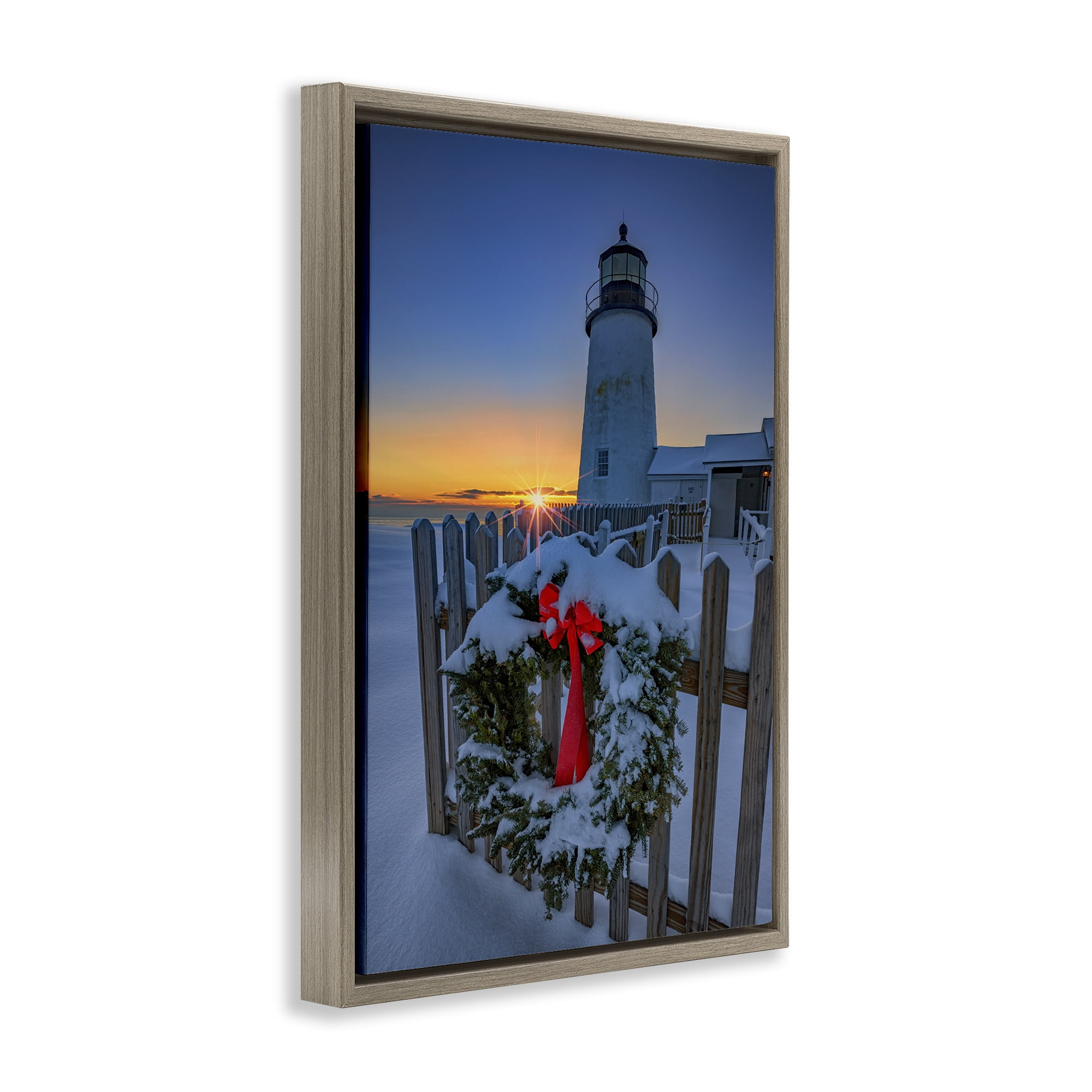 Stupell Industries Christmas Beach Lifehouse Holiday Painting Brown Floater Framed Canvas Art Prints Wall Art, 17 x 25