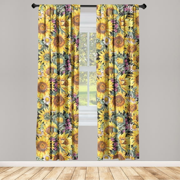 Sunflower Window Curtains, Vintage Look Floral Ornament of Summer Colorful Flowers Print, Lightweight Decor 2-Panel Set with Rod Pocket, Pair of - 28"x95", Mustard Purple and Sea Green, by Ambesonne