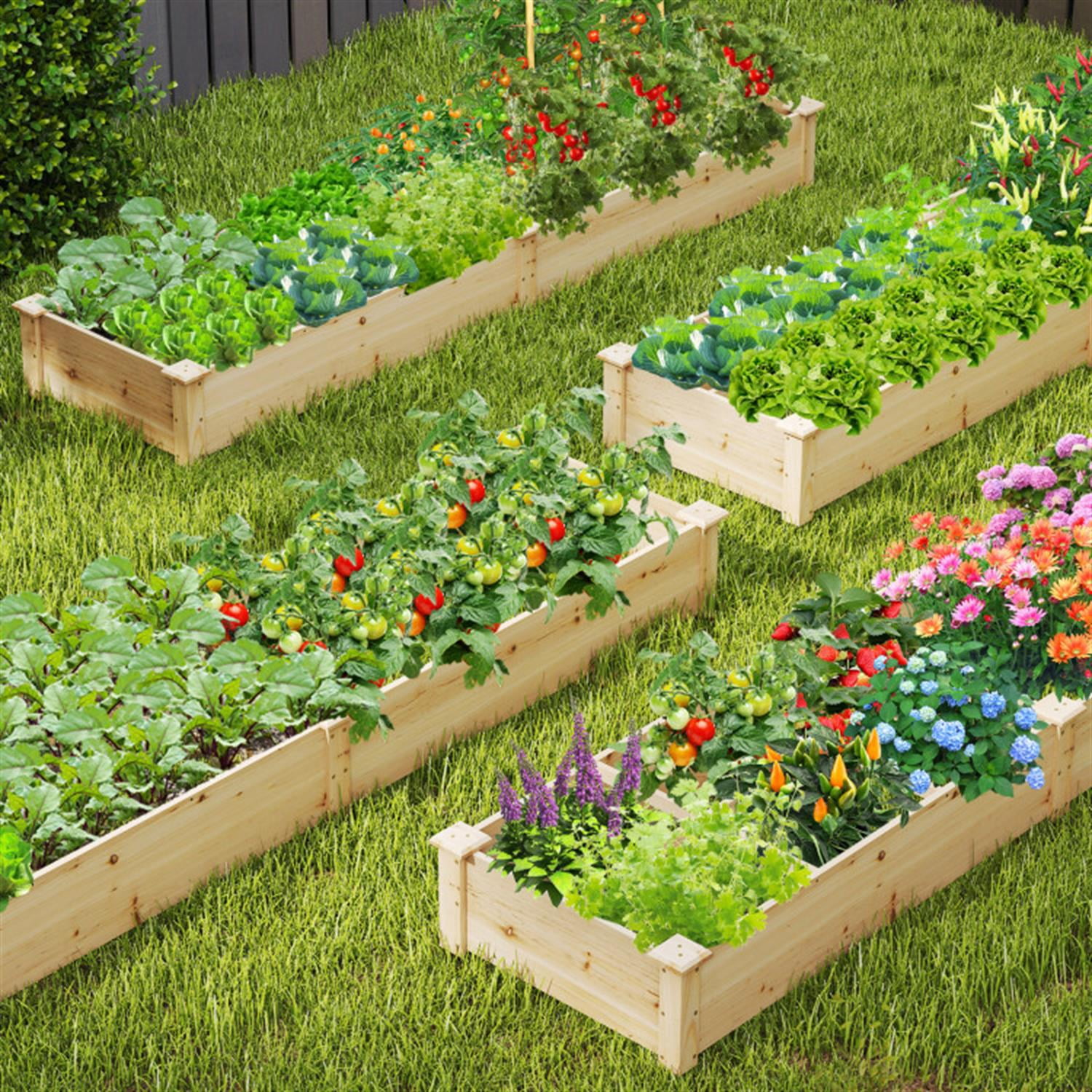 Demi Bonn 90" Wooden Raised Garden Bed with 2 Planter Boxes and Dividers for Backyard, Patio, Balcony, Beige