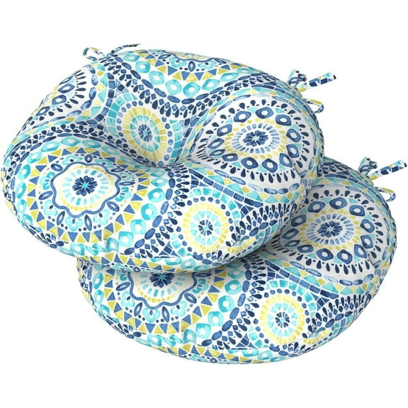 Set of 2 Patio Round Chair Cushions with Ties 15"x15"x4",Bistro Seat Cushions Water Repellent,Outdoor Tufted Chair Pads Suitable for Garden,Dining,Bar Stool - Blue Lagoon