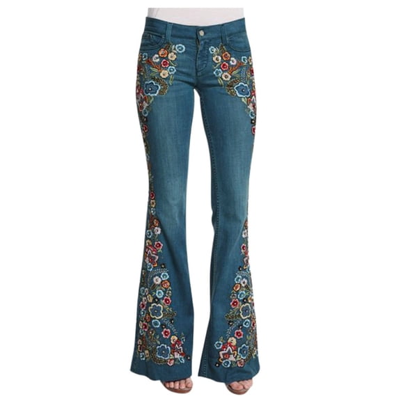 Dolkfu Blue Pants for Women Trendy Bootcut Western Style Rayon Blend Full Cargo Pants Embroidered Vintage Finish Embroidered Rigid Waist Dark Blue,L