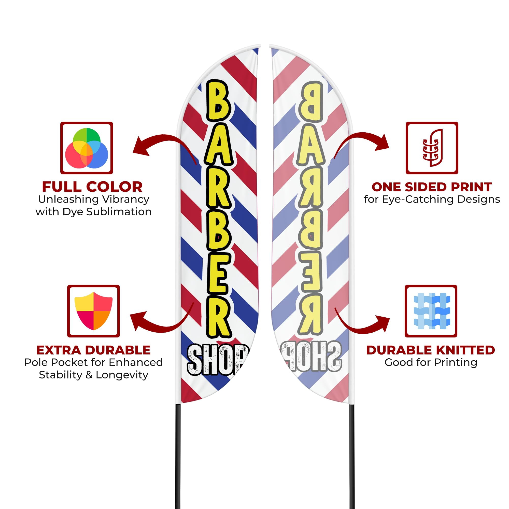 Barber Shop Sign feather flag for Outdoor by Mavis Print | 11.5 FEET Long Polyester Outdoor Banner Flag for Easy Hang | HD Print Swooper I Flag Only for Salon Advertising | Made in USA I Flag Only