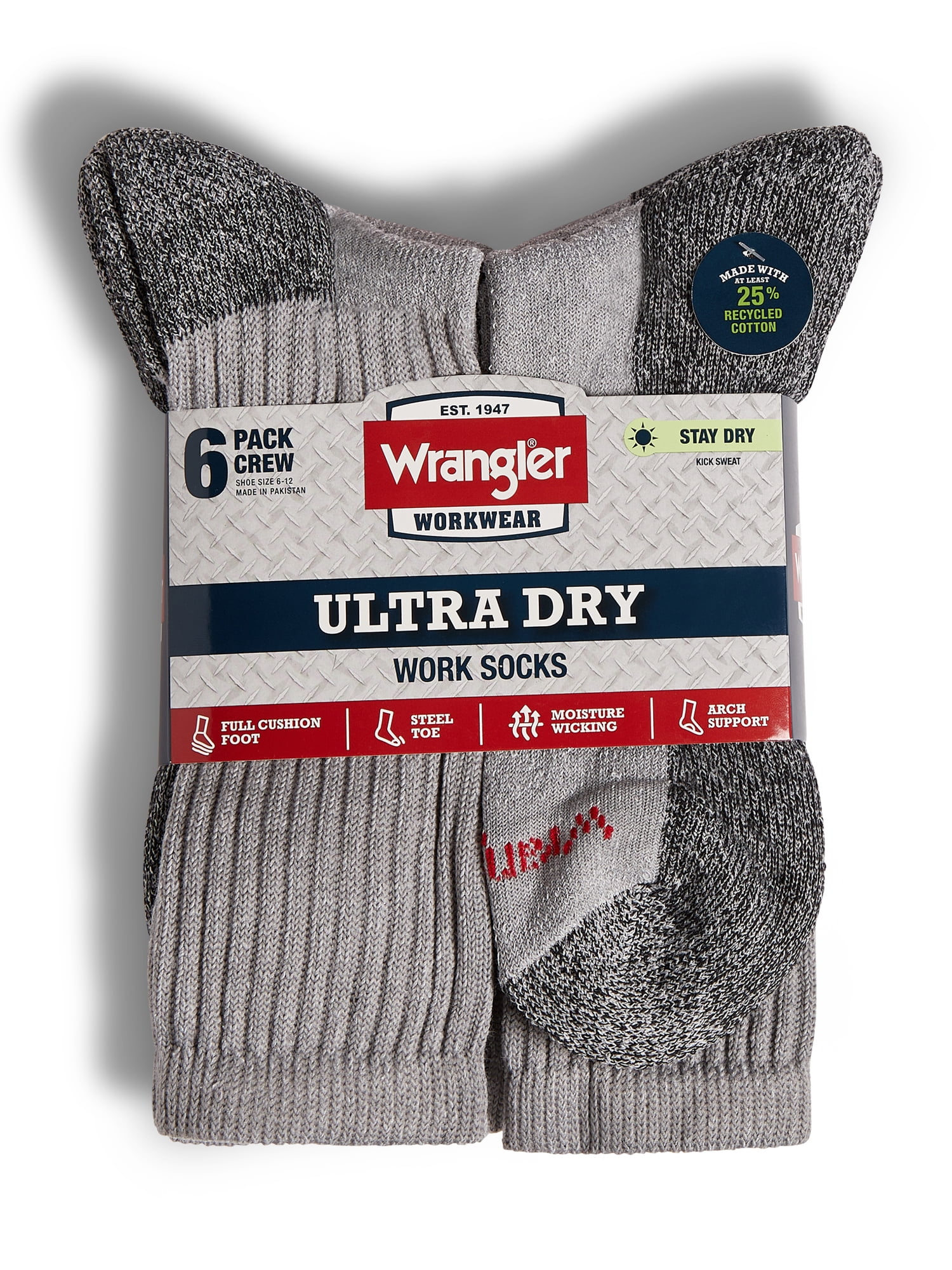 Wrangler Cushion Crew Socks for Men, Size 6-12, Gray, 6 Pairs