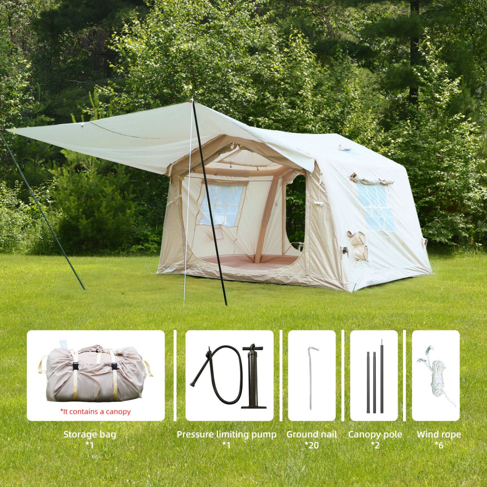 8 ㎡   Inflatable Camping Tent with Canopy, 4-Season Waterproof Oxford Air Tent with Hand Pump, Easy Setup Glamping Tent for 4/6/8 Person Adults,Beige