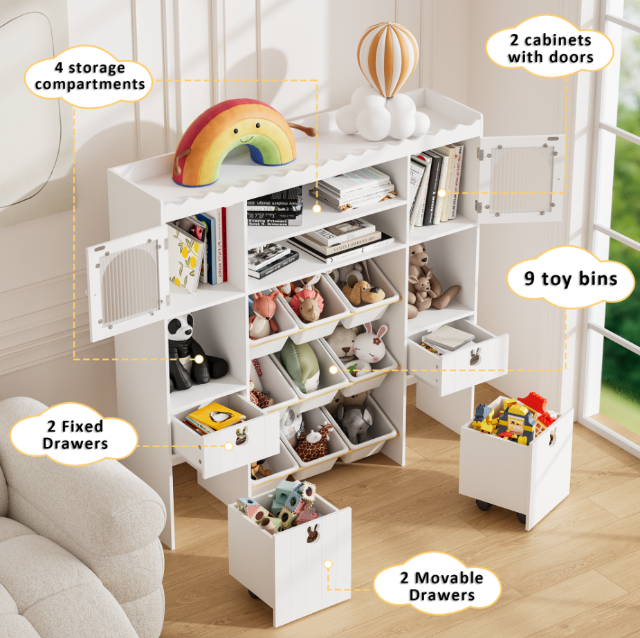 Toy Storage Organizer, Large Toy Storage Chest with Removable Bins, 19 Storage Spaces, Toy Organizer with 2 Movable Drawers and 9 Box Bins, Kids Bookshelf and Bookcase with Drawers for Boys and Girls
