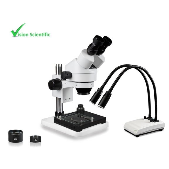 Vision Scientific VS-1EZ-IHL20-MS Binocular Zoom Stereo , 10x WF, 0.7x—4.5x Zoom ，3.5x—90x Magnification, Pillar Stand, LED Gooseneck Dual Light, Mechanical Stage with Glass Stage Plate