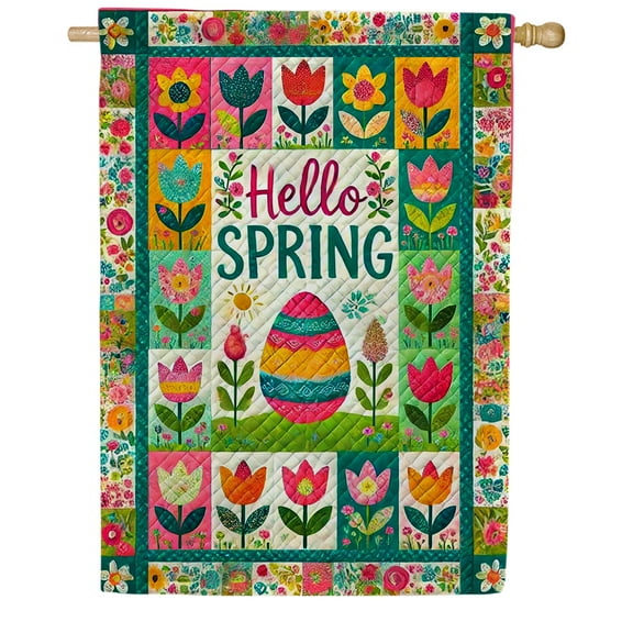 America Forever Hello Spring Patchwork House Flag, 28 x 40 inch Double Sided, Quilted Patterns Flowers Yard Flags, Easter Egg Banner, Spring Seasonal Outdoor Easter Day Decorations for Lawn