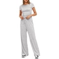 thumbnail image 6 of FchengtaiS Women's 2 Piece Outfits Lounge Sets Short Sleeve Ruched Tops and Wide Leg Pants Tracksuit Sets with Pockets, 6 of 7