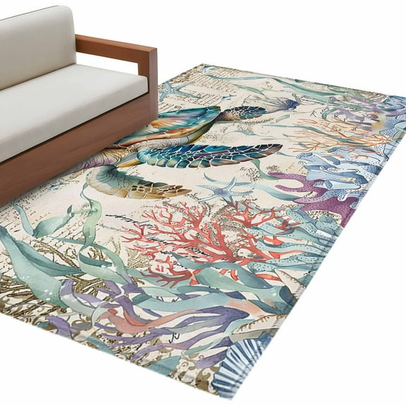 Blue Sea Turtle Coastal Area Rug 3x5 FT, Non Slip Entryway Bedside Carpet, Vintage Summer Beach Coral Ocean Washable Soft Floor Carpet Indoor Mat Non-Shedding Throw Rug for Dorm Kitchen Home Office