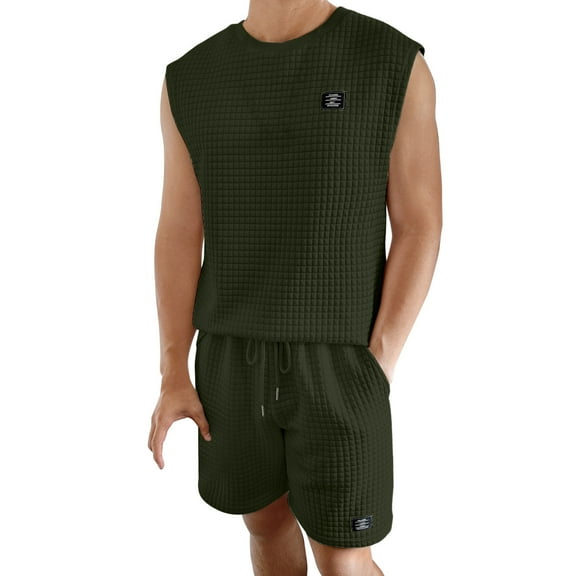 REORIAFEE Men's Beach Clothes Outfits Sets Casual Vacation Suit Summer Vacation Outfits Men's Casual Elastic Waist Shorts Round Neck Tank Top Shorts Set Army Green L
