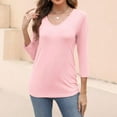 thumbnail image 7 of Tittly T Shirts for Women Basic Tees Women's V Neck 3/4 Sleeve Tops Color Block/Solid Shirts Basic Summer Tees Tshirts Shirts Spring Tops for Women Beige L, 7 of 7