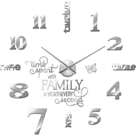 3D Large Frameless DIY Wall Clock Modern Decor Family Quote Wall Stickers Clock Kit for Home Living Room Bedroom Office Decorations Adjustable Size(Silver)
