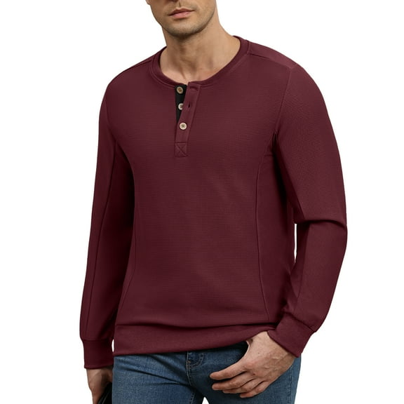 FEDTOSING Mens Waffle Henley Shirts Long Sleeve Fall Comfy T-Shirts Button Down V Neck Casual Pullover