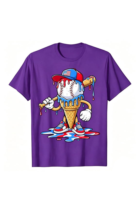 Kids Tops Short Sleeve Crew Neck Cartoon Baseball Print Lightweight Summer Athletic Sport Outdoor Daily Wear Kids Tees Size 2-3 Years Purple