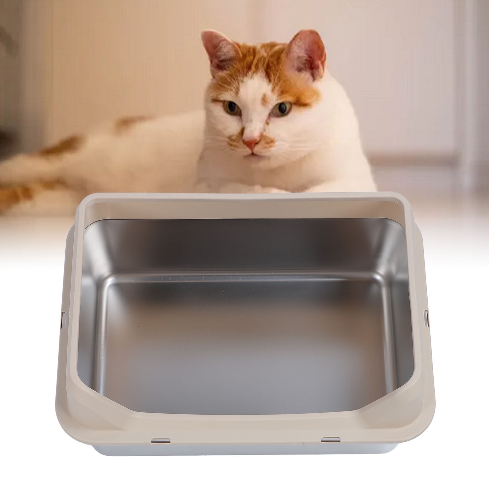 YAHHU Stainless Steel Cat Litter Box Anti Splashing Top Entry Large Kitty Pan with Scoop, High Sided Metal Potty Tray for Big Cats, 20.08 inches / 51 cm, Khaki
