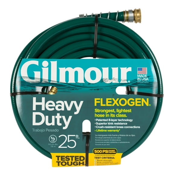 Gilmour Flexogen 25ft Heavy Duty Garden Hose, 5/8" All-Weather Water Hose with Crush-Resistant Brass Fittings, 500 PSI Burst Strength, Kink & Leak Resistant