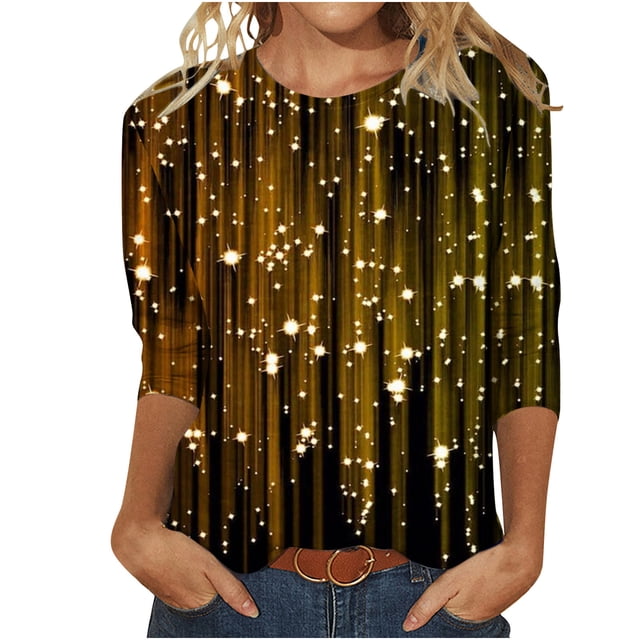 Hauts pour Femmes Hauts pour Femmes à Manches 3/4 T-Shirts Graphiques à Rayures Pailletées T-Shirts Décontractés à Col Rond Blouses Amples Chic pour Porter avec des Leggings Offres d'Accès Anticipé
