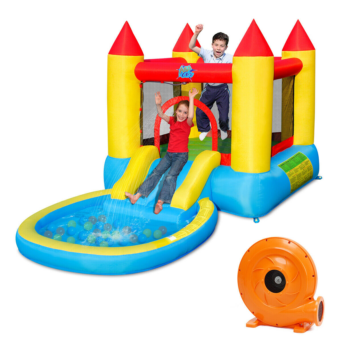 Gymax Inflatable Bounce House Kids Slide Jumping Castle Bouncer with Pool + 580W Blower