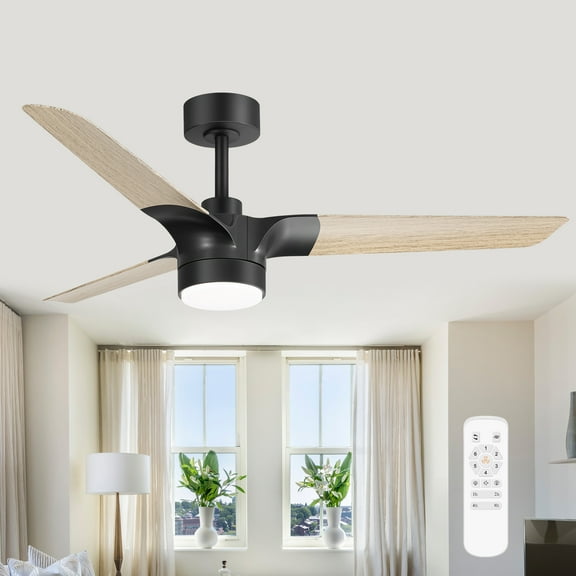 ALKAFY 52 inch Modern Ceiling Fan - 3-Blade Black/Wood Grain Fan Blades, DC Motor, LED Light & Remote