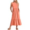 thumbnail image 4 of Women Summer Casual Sleeveless Crewneck Sundress Aline Flowy Tiered Maxi Long Beach Dress Tangerine Color S, 4 of 8