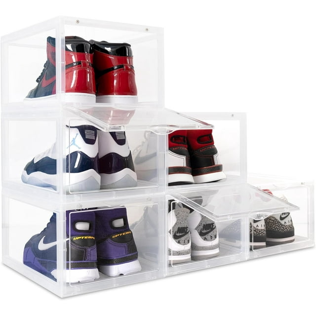 OLLIE Rangement pour Chaussures en Plastique Rigide à Ouverture Rabattable - Convient aux Hommes jusqu'à la Pointure 11 - Organisateur de Chaussures pour Garde-Robe, Rangement de Tiroir en Plastique, Organisation et Rangement, Boîte à Chaussures, Bacs de Rangement Empilables (Lot de 6, Transparent)