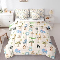 Feelyou Kawaii Jungle Animal Bedding Comforter Set 7pcs for Kids, Lion Elephant Monkey Bear Queen Bedding Sets, Coconut Tree Plant Reversible Queen Sheet Sets, Super Cozy Room Decor