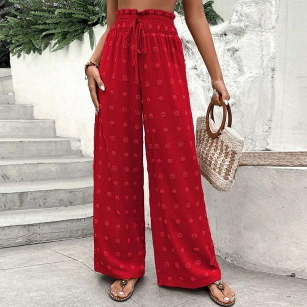 Pantalones Pantalones largos casuales para mujer, cómodos pantalones palazzo, pantalones elásticos de cintura alta para desplazamientos Ygjytge Rojo T S para Mujer