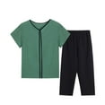 thumbnail image 4 of Sakmal Solid Pajamas for Women 2 Piece Plus Size Cotton Linen Short Sleeve Top and Pants Nightwear Set ,Green,XXL, 4 of 5