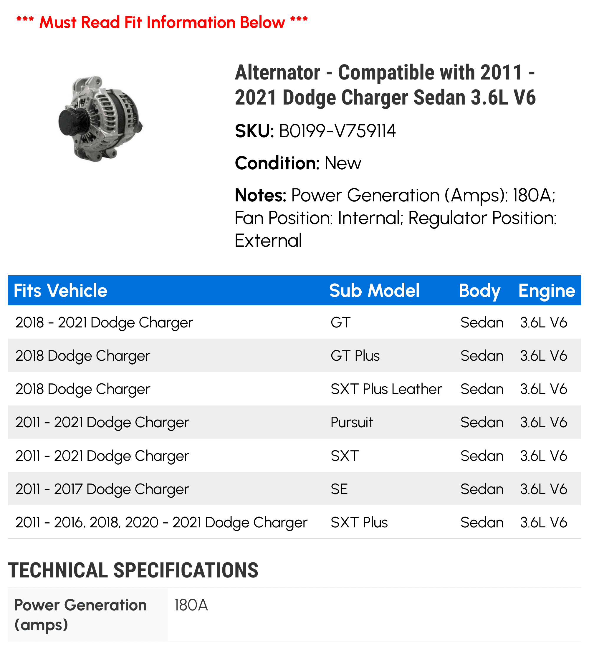Alternator - Compatible with 2011 - 2021 Dodge Charger Sedan 3.6L V6 2012 2013 2014 2015 2016 2017 2018 2019 2020