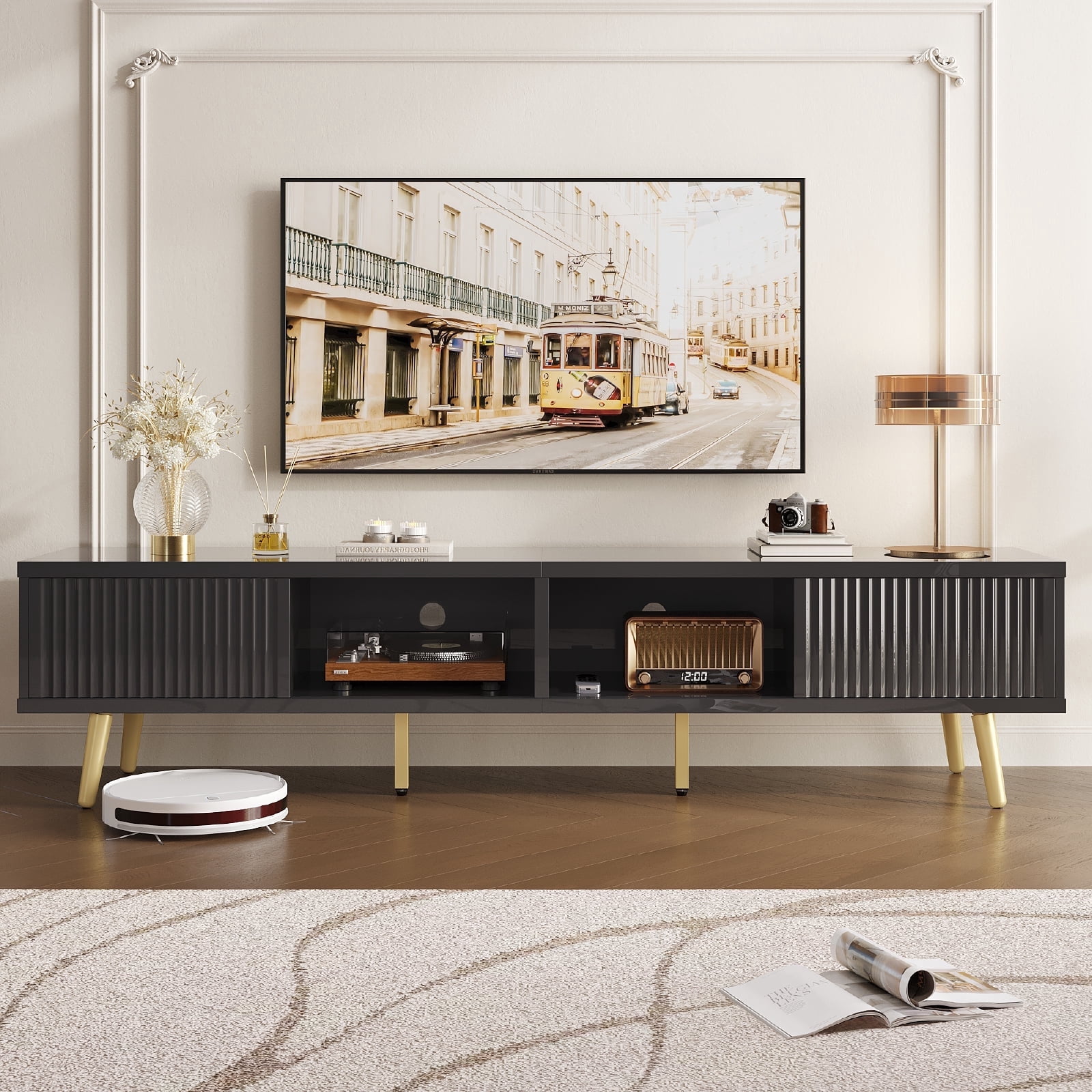 Bestier High Gloss TV Stand for 75 inch TVs, Modern Entertainment Center with Storage Cabinet, TV Console Table for Living Room,Black