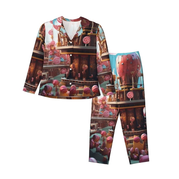 Fotbe fairy-tale-world-with-delicious-candy Conjunto de Pijama de Manga Larga para Mujer con Estampado, Ropa de Dormir de 2 Piezas, Conjunto de Casa Suave y Cómodo con Bolsillos-Small