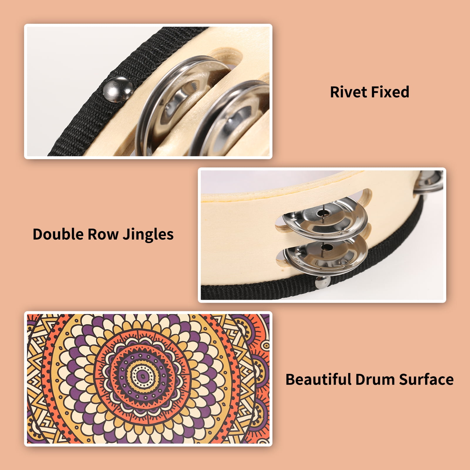 10 Inch Wooden Tambourine Handbell Hand Drum with Double Row 16pcs Metal Cymbals Jingles Musical Percussion Instrument for Kids Games Adults Apply to Church KTV Party
