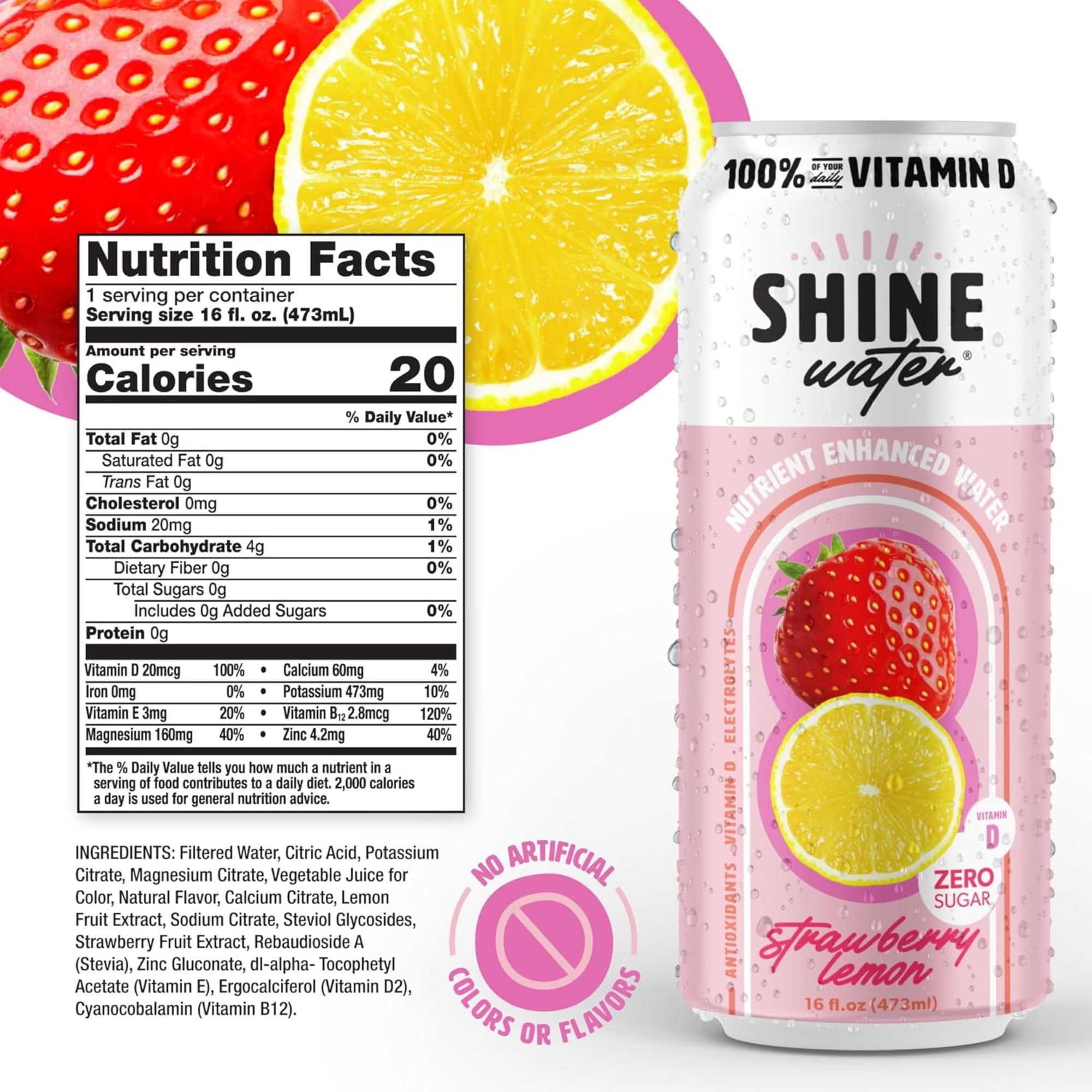 Shine Water Strawberry Lemon Vitamin D Electrolyte Drinks 12-Pack, Sugar Free Flavored Water with Magnesium, Zinc & Antioxidants, Low Calorie Hydration