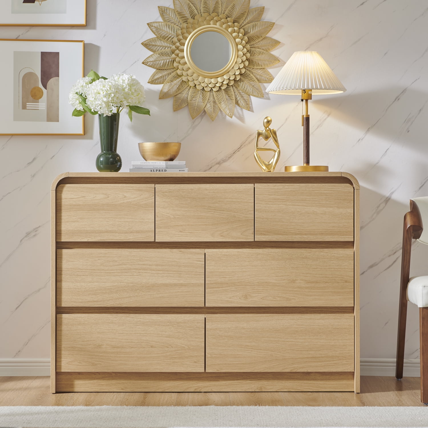 wow97e Modern 7 Drawers Dresser for Bedroom, Mid Century Chests of Drawers w/Curved Profile Design, 47" Wide
