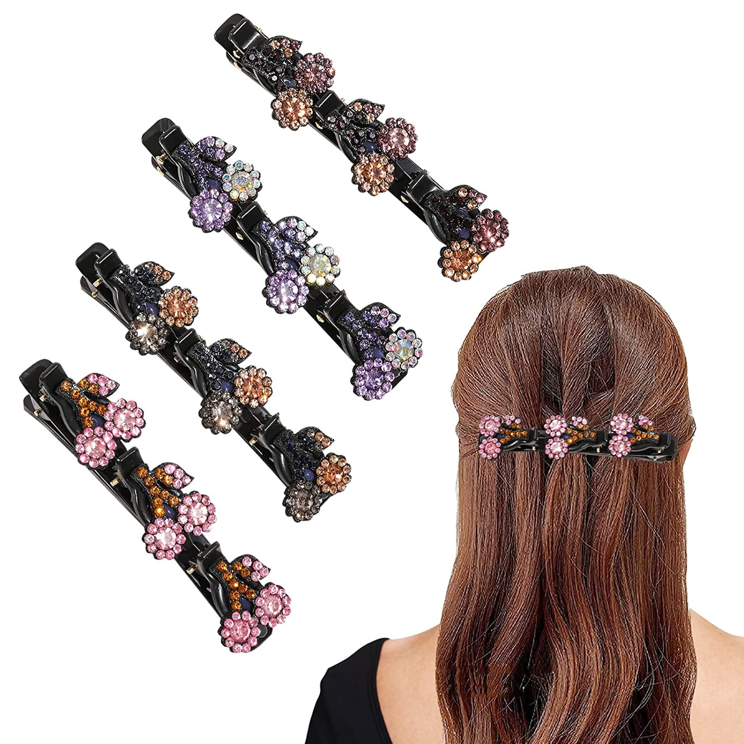 Fongwan Sparkling Crystal Stone Braided Hair Clips 4 Pcs, Satin Fabric