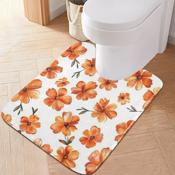 Toilet Rug U-Shaped Bathroom Rugs Non-Slip Soft Plush Machine Washable Contour Bath Mat Orange Flowers 24x20
