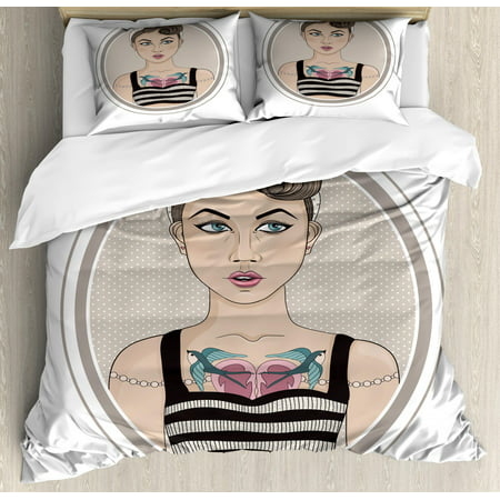 Pin up Girl King Size Duvet Cover Set, Rockabilly Style Rebel Girl with Bird Tattoos on Her Chest Oval Framed Design, Decorative 3 Piece Bedding Set with 2 Pillow Shams, Multicolor, by