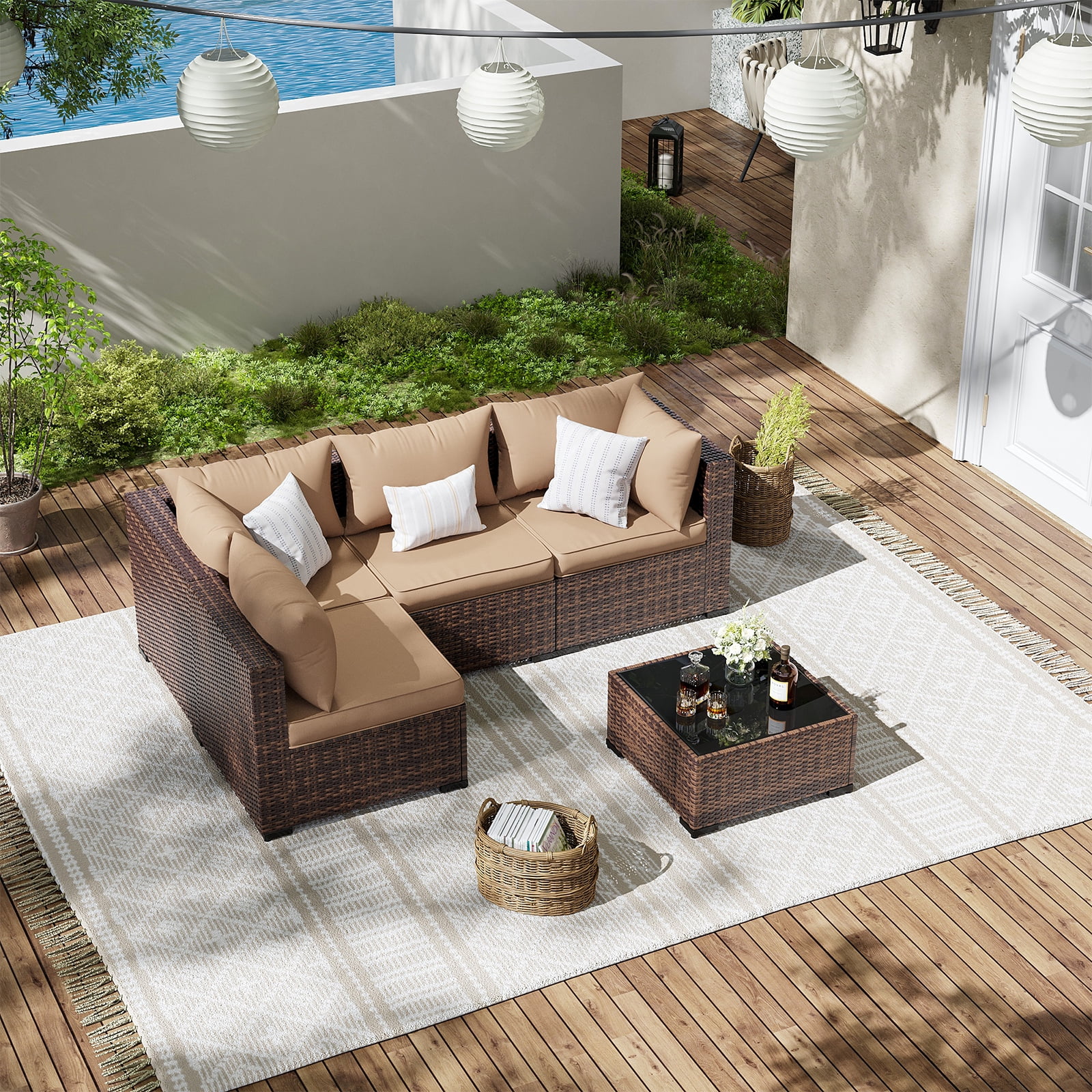 ELPOSUN Patio Furniture Set, Outdoor Patio Furniture Wicker Furniture Couch Set, 5 Pieces Outdoor Sectional Sofa, Patio Furniture Set, Outdoor Patio Set for Porch Furniture (Beige)