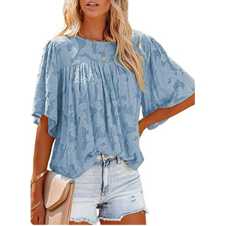 Womens Cute Crewneck Ruffle 3/4 Bell Sleeve Shirts Babydoll Tops Lace Blouses Casual Loose Summer Tops