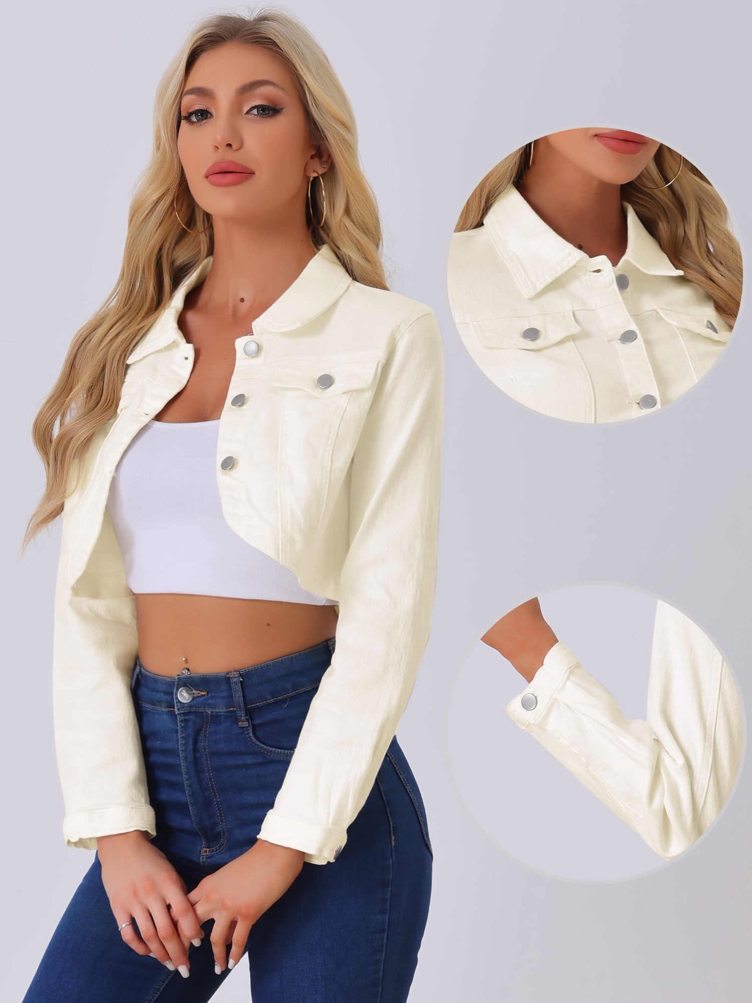 DARING DIVA Women's Denim Casual Collared Long Sleeve Crop Jean Jackets M Beige