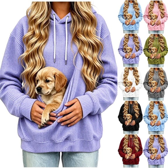 Xcmzpl Women's Kangaroo Pouch Hoodie Waffle Pet Dogs Pouch Sweatshirts Cats Pet Carrier Pullover Animal Holder Long Sleeve Tops for Daily Wear Vacation Travel S-XXL