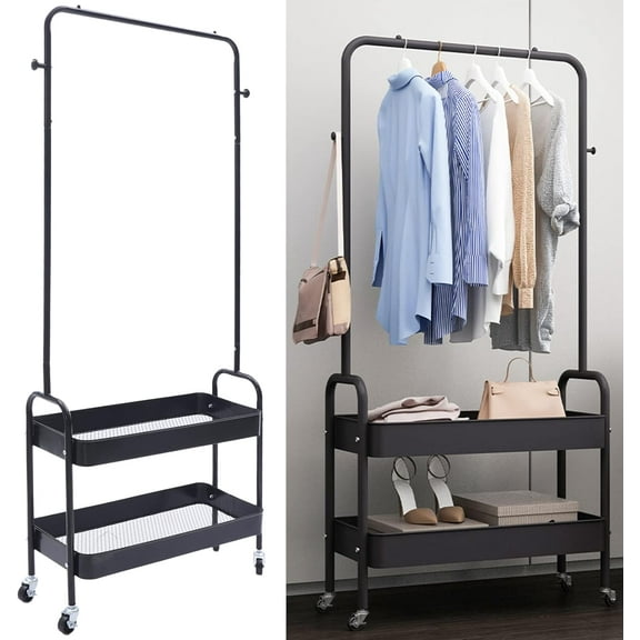 TFCFL Heavy Duty Clothes Rack with Shelves, Rolling Garment Rack with Lockable Wheels, Metal Sturdy Rolling Clothing Racks for Hanging Clothes, Portable Sturdy Coat Rack (Black)